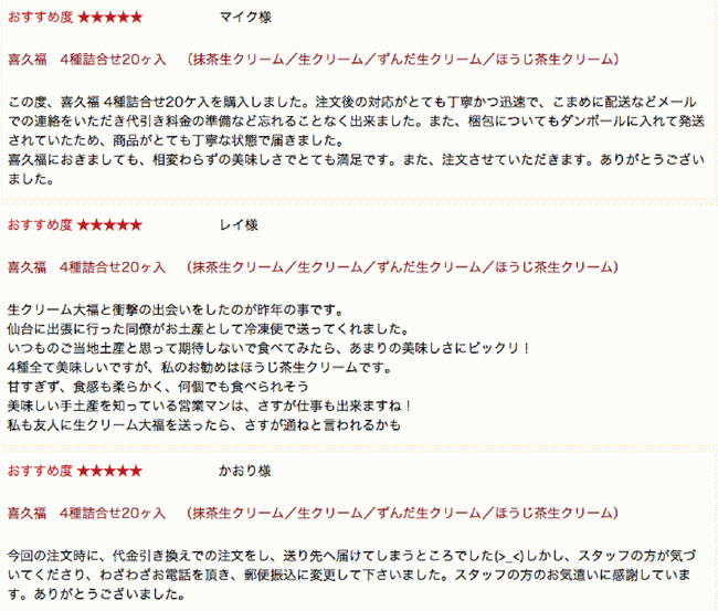 お客様の声 喜久福4種詰合せ20ヶ入